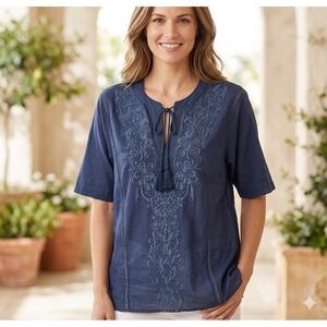 Chicos Embroidered Tassel Tie Neck Tunic Top Size 3 (XL) Boho Lightweight Travel